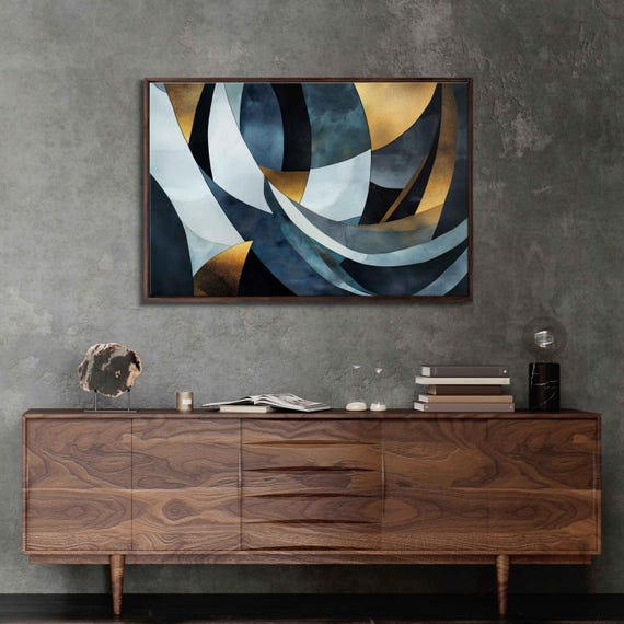 Abstract Blue And Black Acrylic Artwork Wall Art Print Gold Accents Modern Design