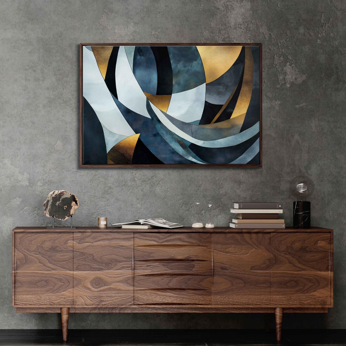 Navy White Gold Geometric Sail Curves Modern Abstract Art Poster