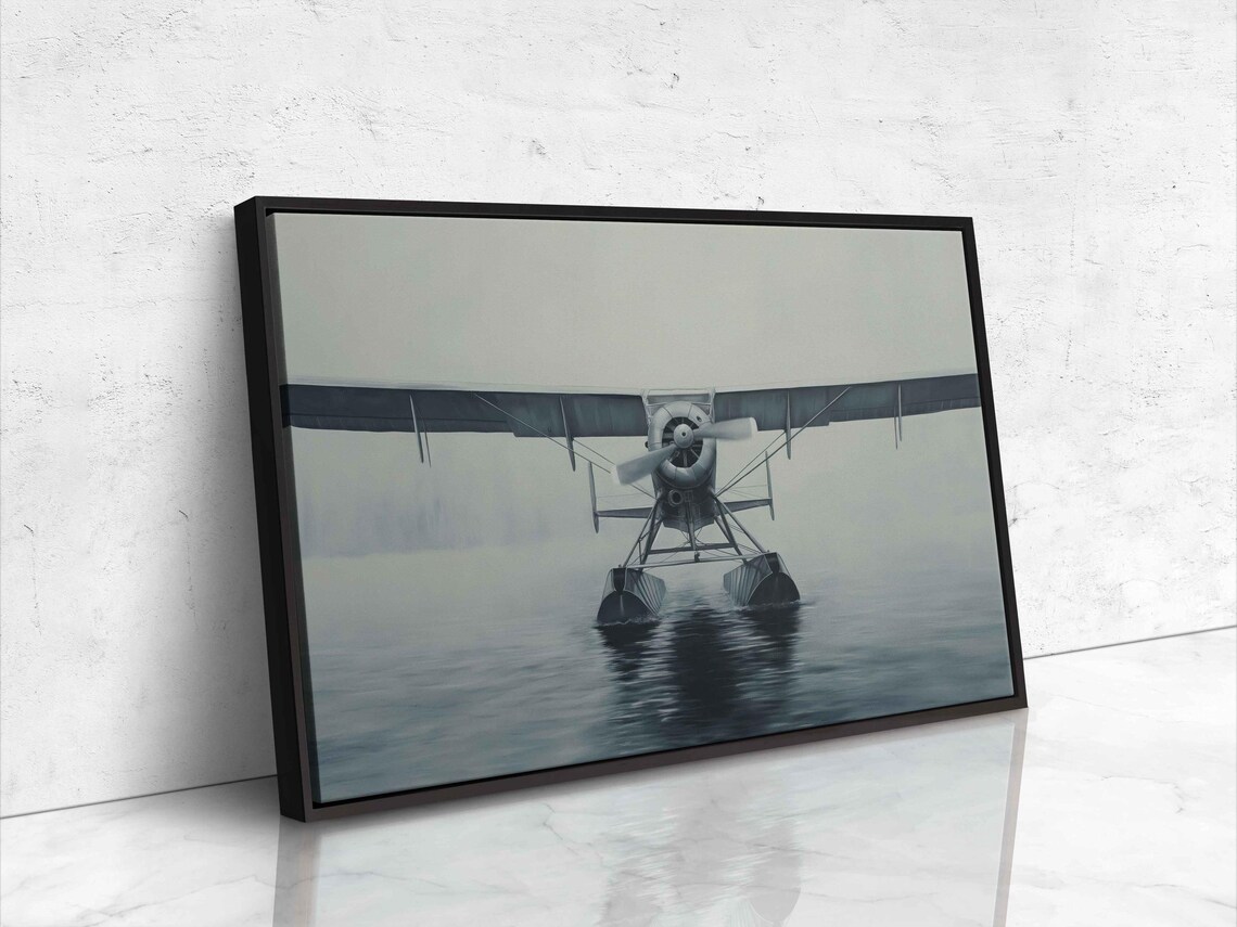 Vintage Floatplane On Still Misty Water Minimalist Black And White Aviation Poster - Image 4