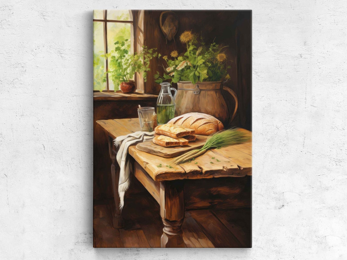 Rustic Bread Loaf Still Life Farmhouse Kitchen Table Vintage Art Print