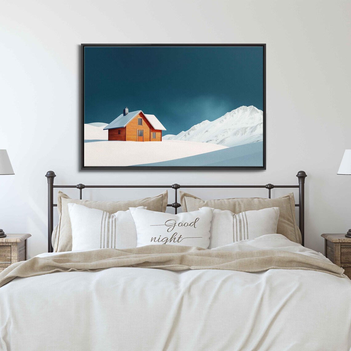 Minimalist Wooden Cabin Winter Snowy Mountain Night Wall Art Poster