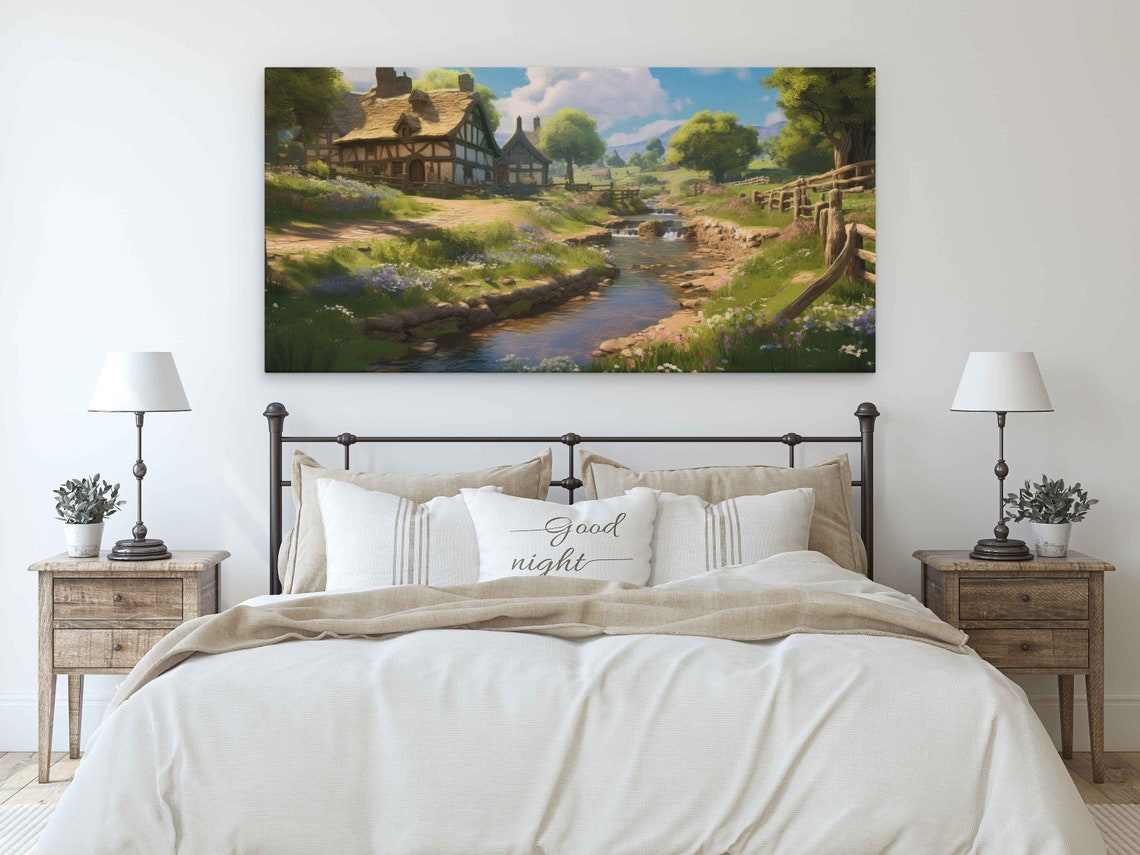 Thatched Stone Cottage by Stream Sunny Countryside Painting Poster - Image 3