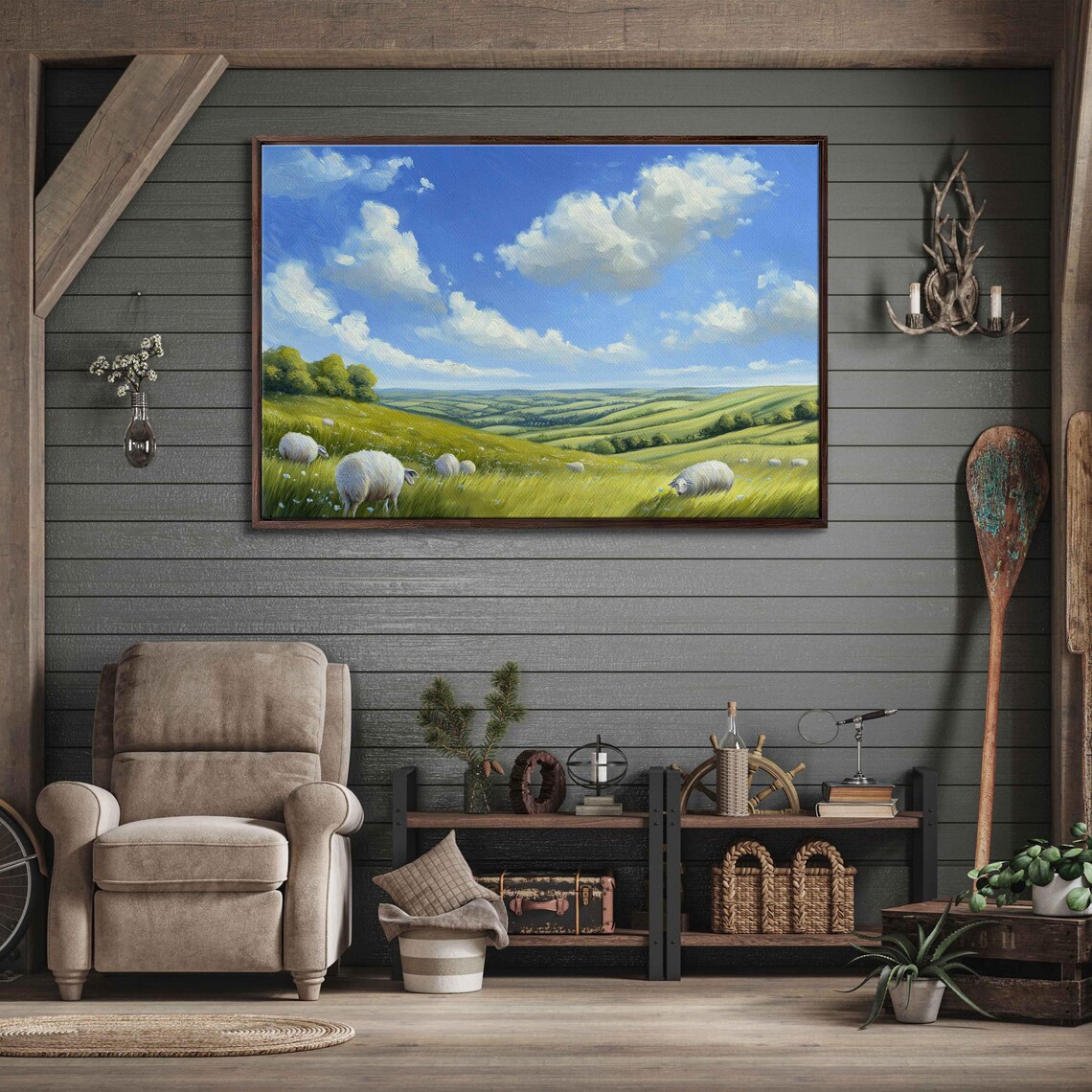 Sheep Grazing Rolling Green Hills Sunny Countryside Meadow Poster