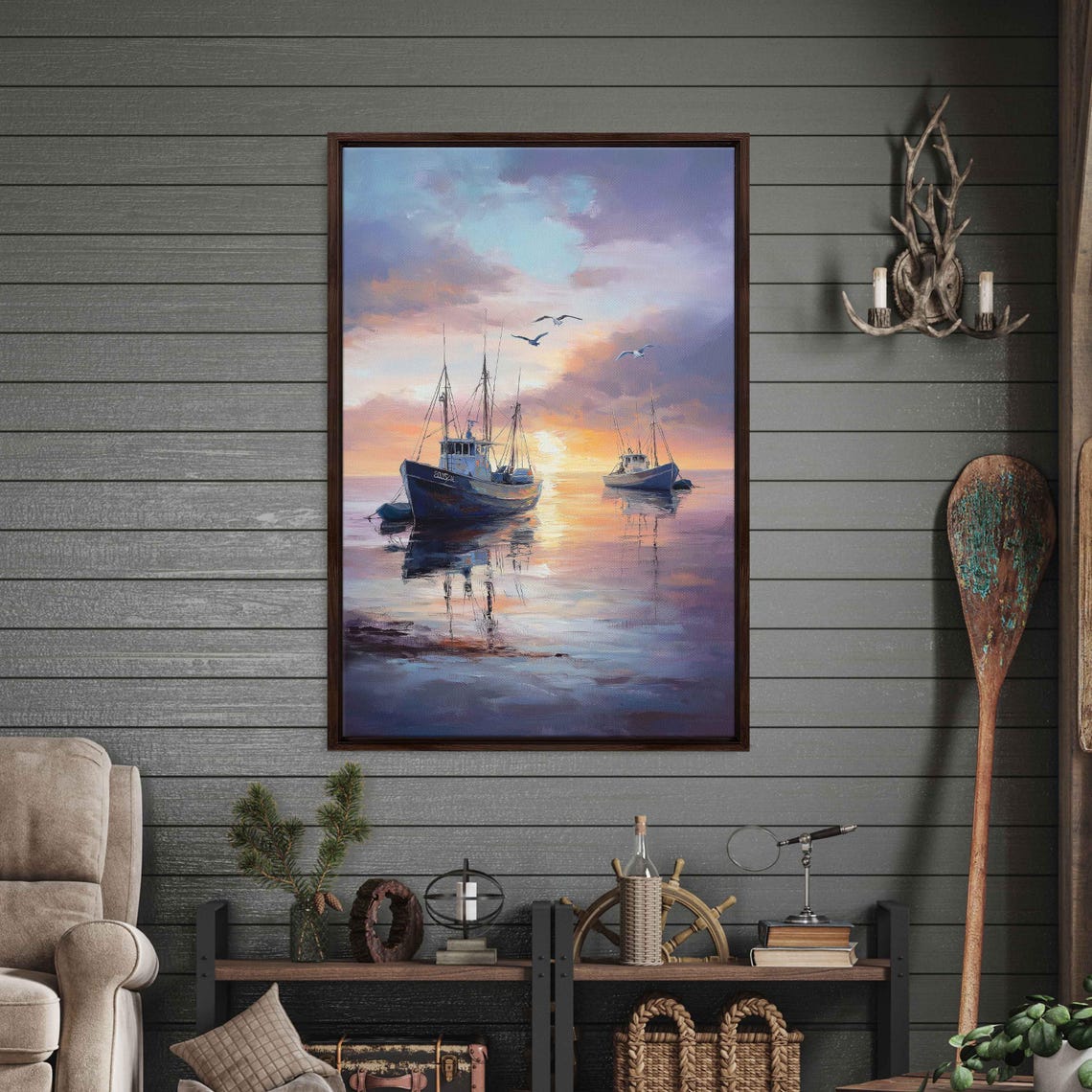 Fishing Boats Sunset Calm Harbor Water Reflection Pastel Sky Poster