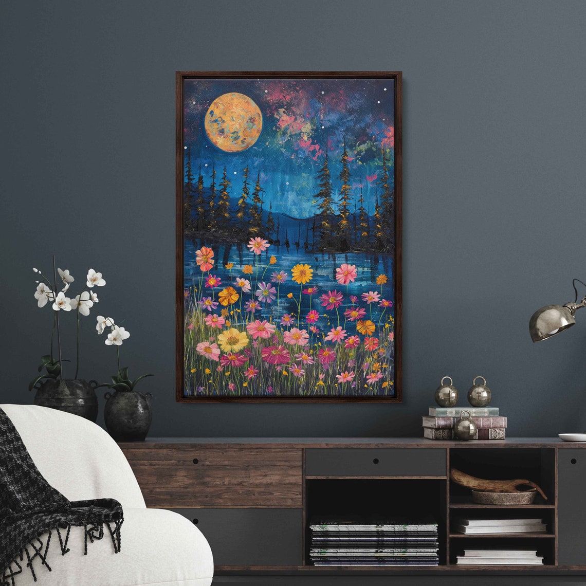 Golden Moon Wildflower Lake Pine Trees Night Sky Reflective Art Poster - Image 3