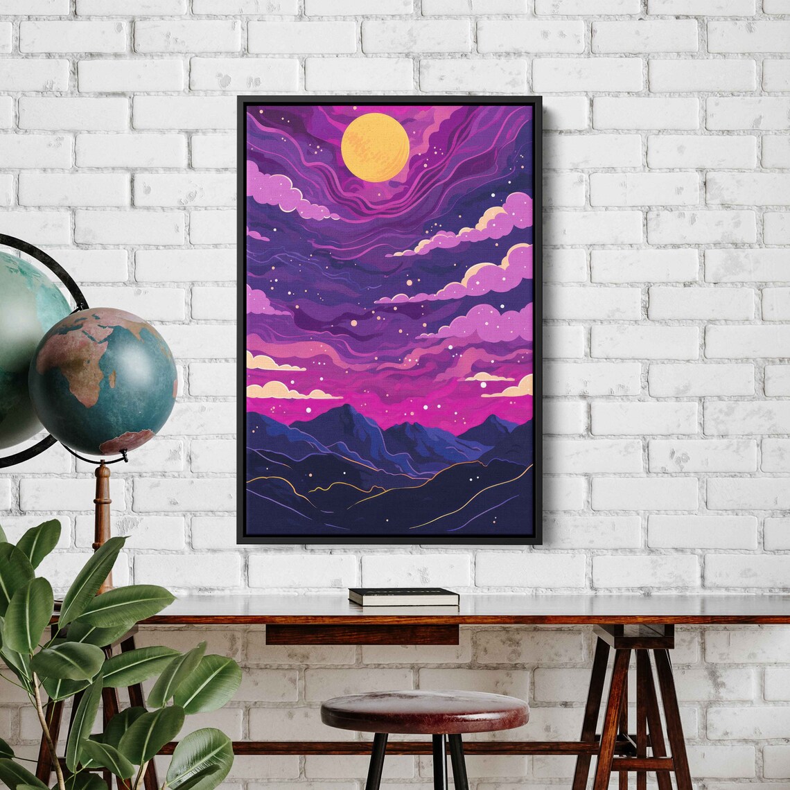 Neon Sunset Landscape Abstract Wall Art Print Vibrant Colors Trippy Clouds Mountain Range Ready To Hang