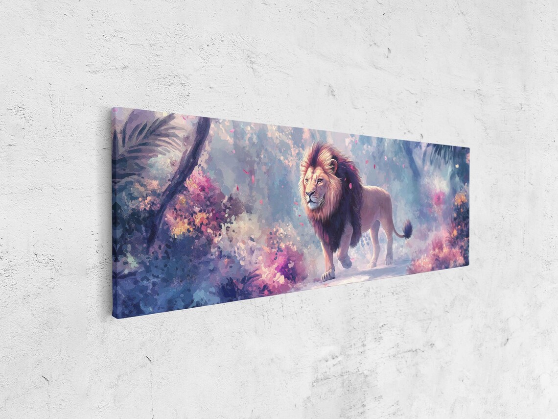 Lion Walking Through Ethereal Pastel Forest Fantasy Blossom Art Poster - Image 4