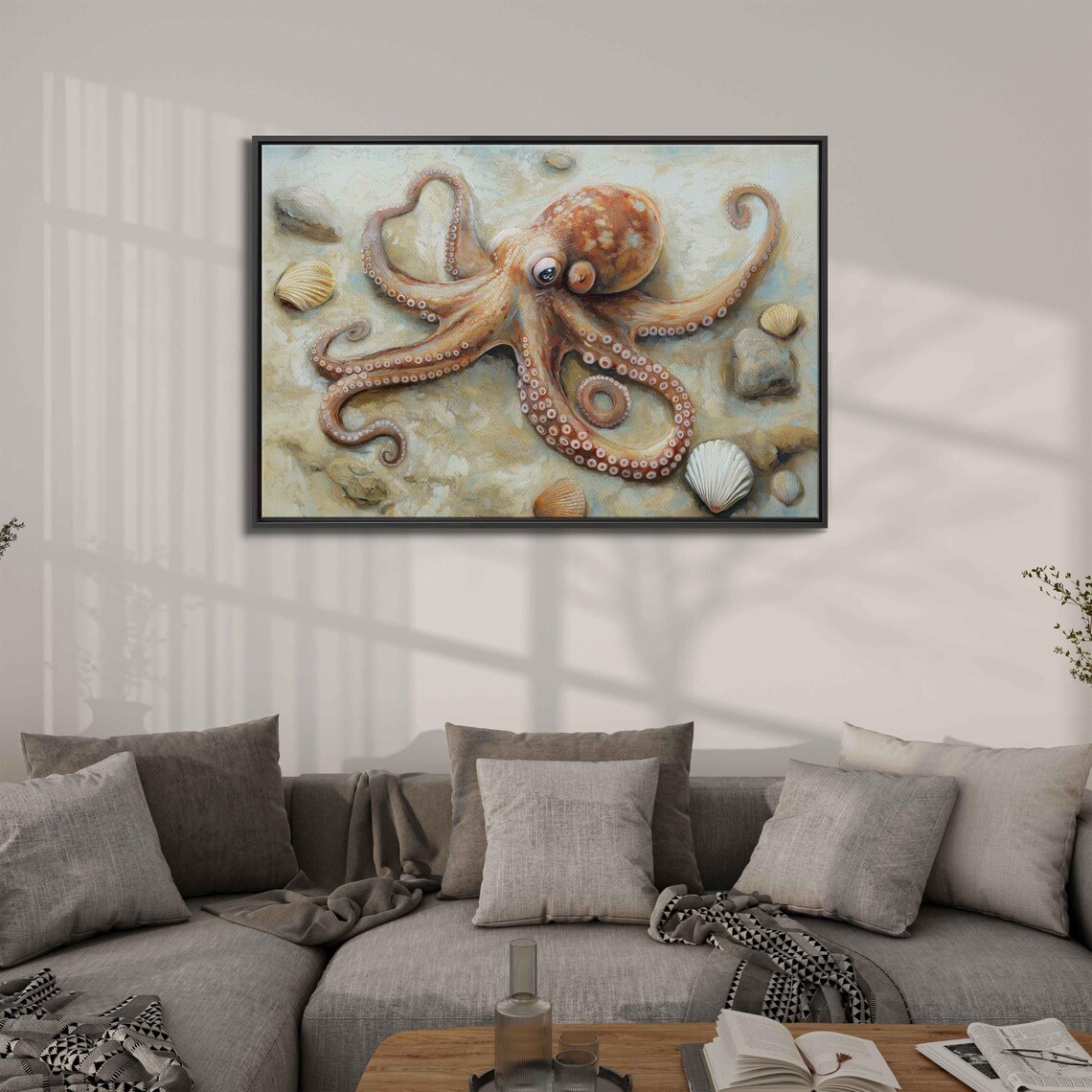Octopus Camouflaging Art Print, Ocean Floor Sandy Tones