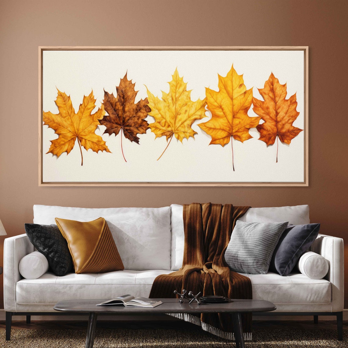 Five Autumn Maple Leaves Row On Off White Minimal Botanical Art Print