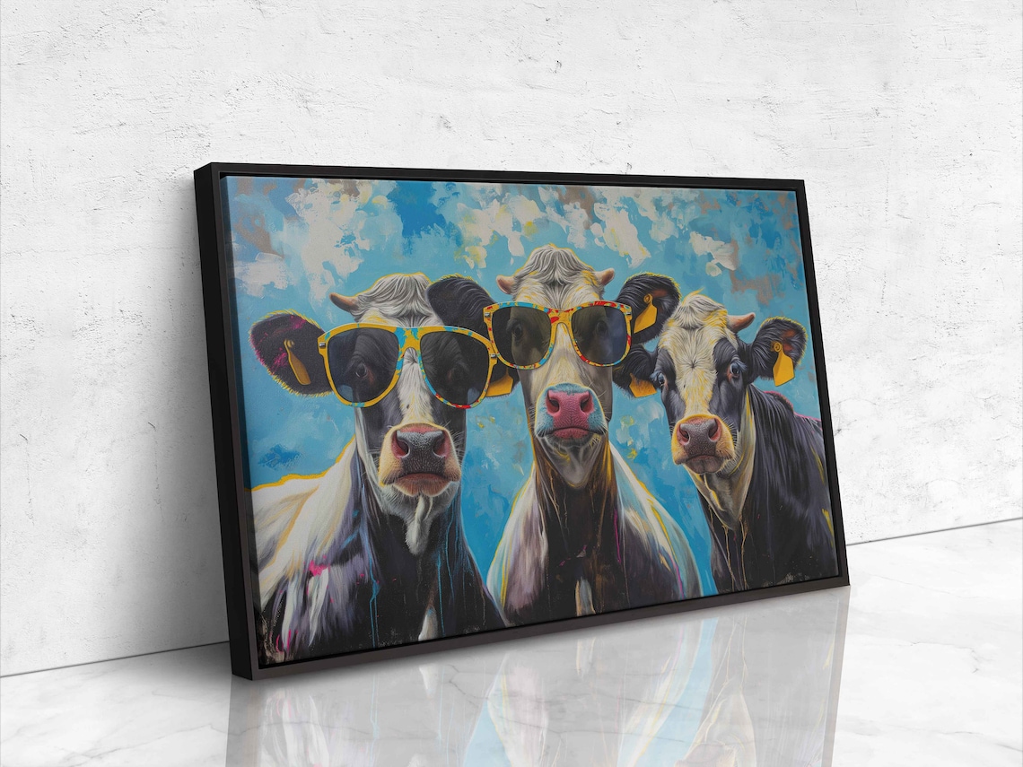 Three Swag Cows Wearing Colorful Sunglasses Blue Background Poster - Image 4