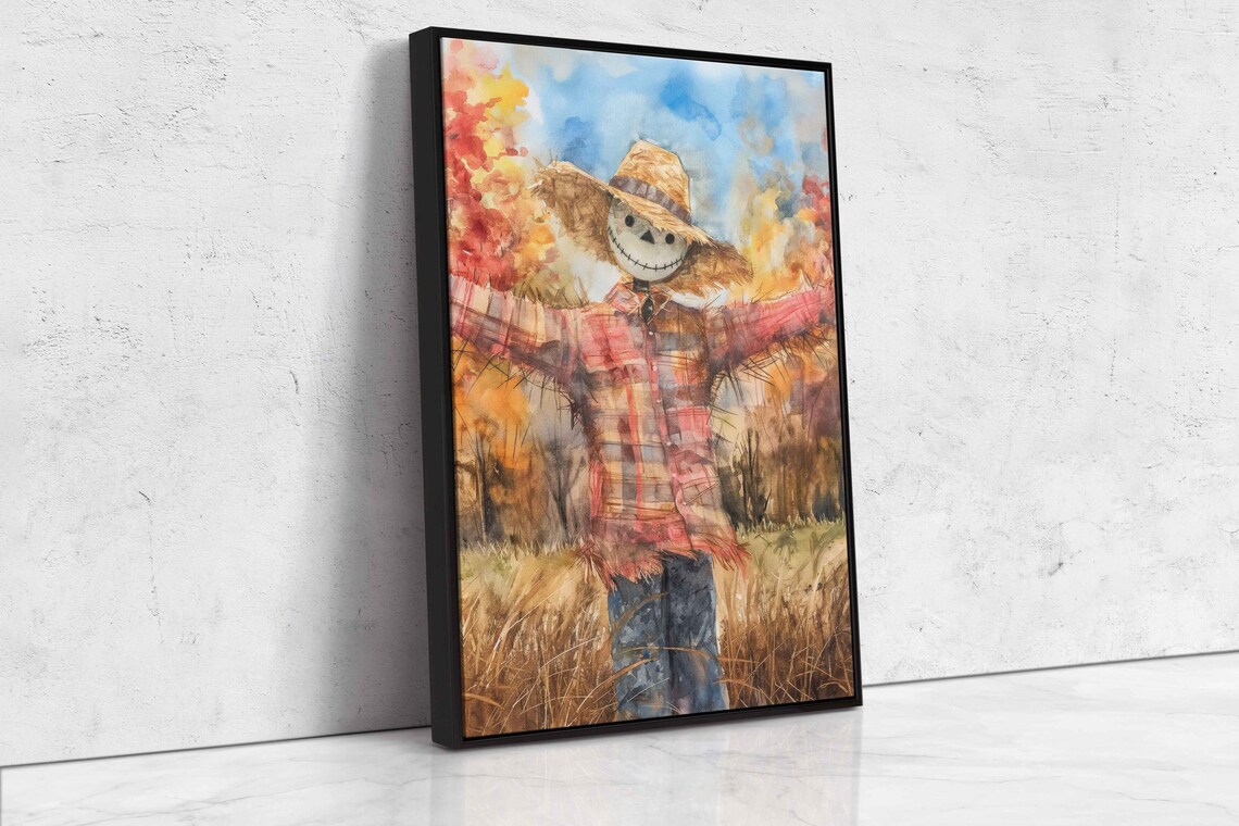 Smiling Watercolor Scarecrow In Autumn Field Straw Hat Farm Poster - Image 4
