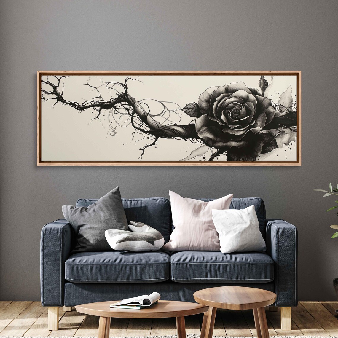 Black Rose With Twisted Thorns Branch Monochrome Floral Ink Painting Wall Art Print - Image 3