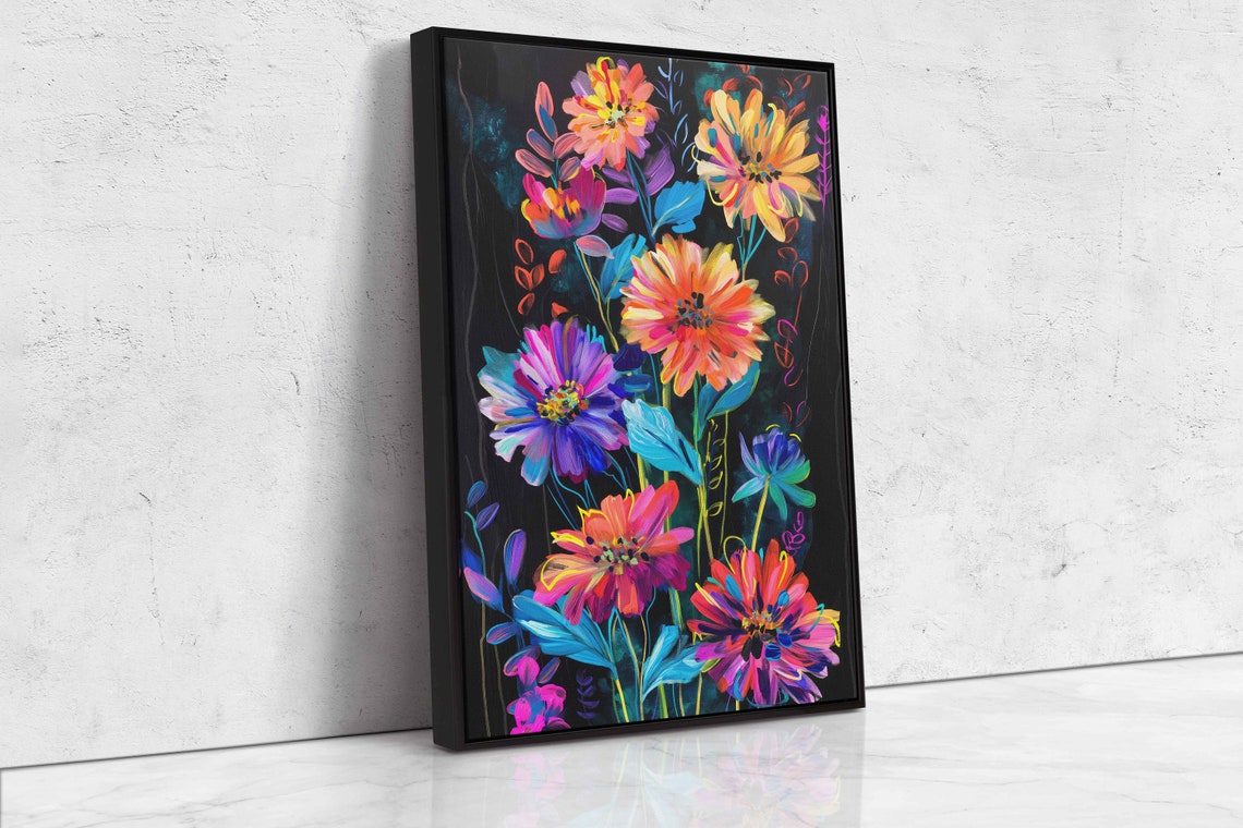 Neon Wildflowers Midnight Garden Rainbow Daisies Painting Poster - Image 4