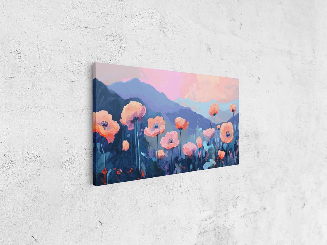 Oversized Pink Blossoms Before Blue Mountains At Dusk Art Poster - Image 4