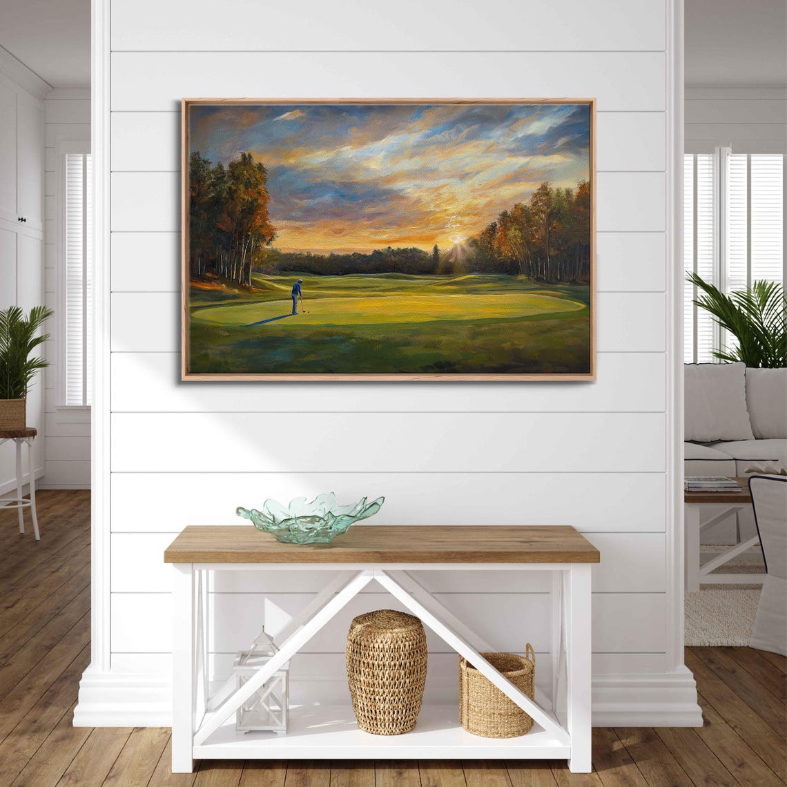Sunrise Golf Course Painting Golfer On Green Morning Light Poster