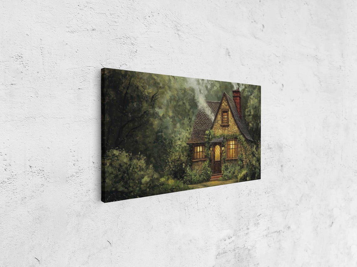 Stone Cottage With Glowing Windows In A Rainy Forest Dusk Poster - Image 4