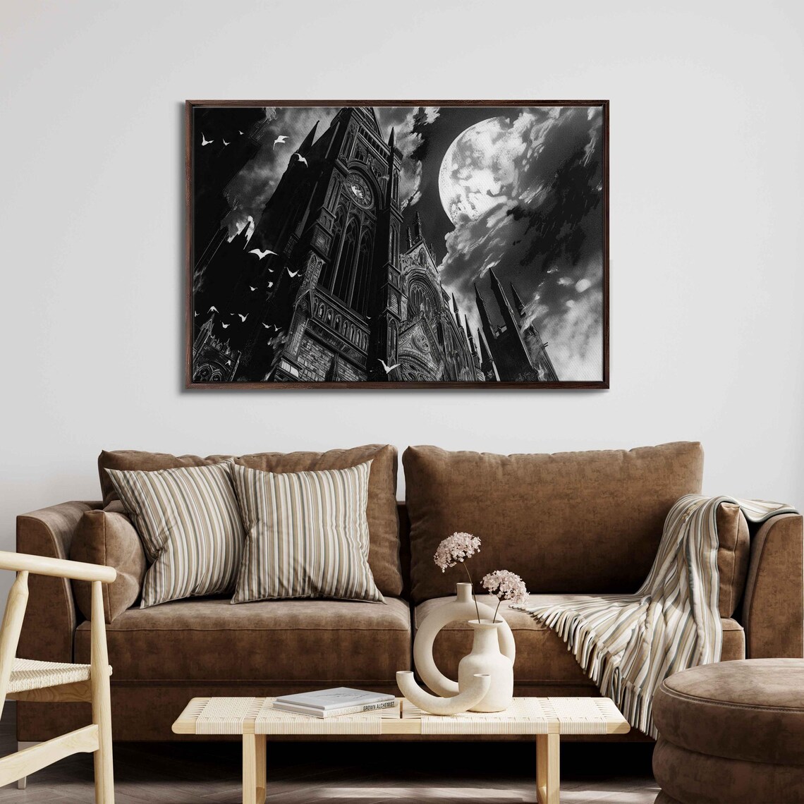 Gothic Clocktower Under Full Moon Flying Bats Night Sky Halloween Poster