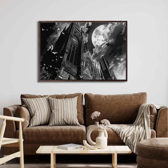 Gothic Clocktower Under Full Moon Flying Bats Night Sky Halloween Poster