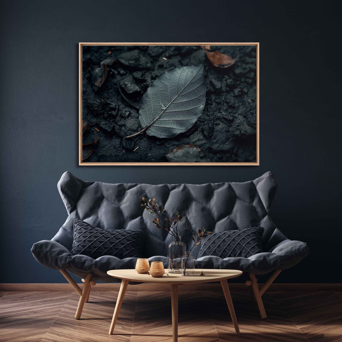 Dark Moody Leaf On Wet Black Soil Close Up Nature Photo Poster - Image 3