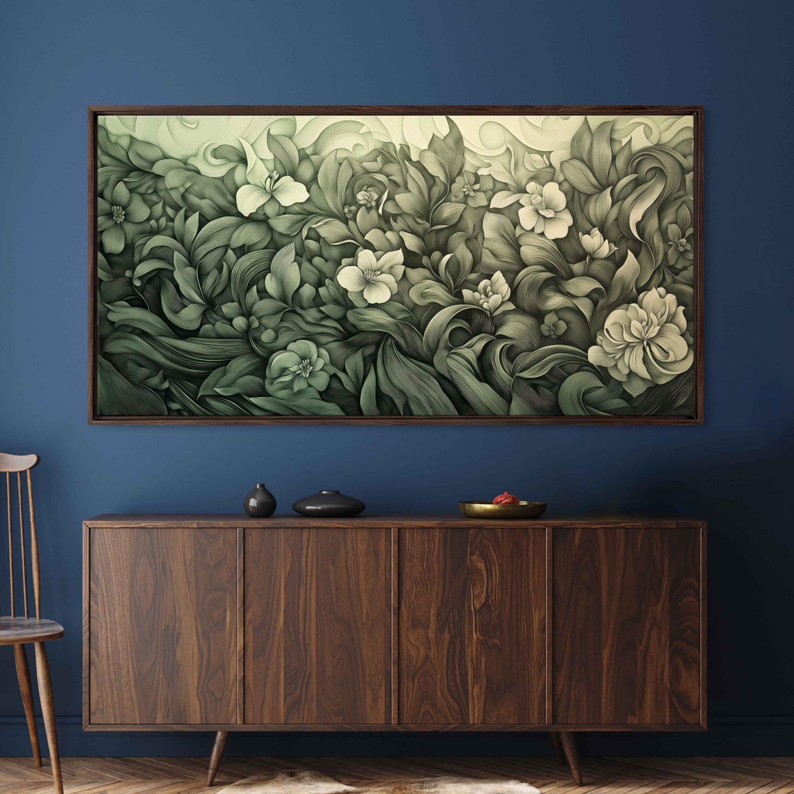 Sage Green Monochromatic Floral Botanical Linework Wall Art Poster - Image 3