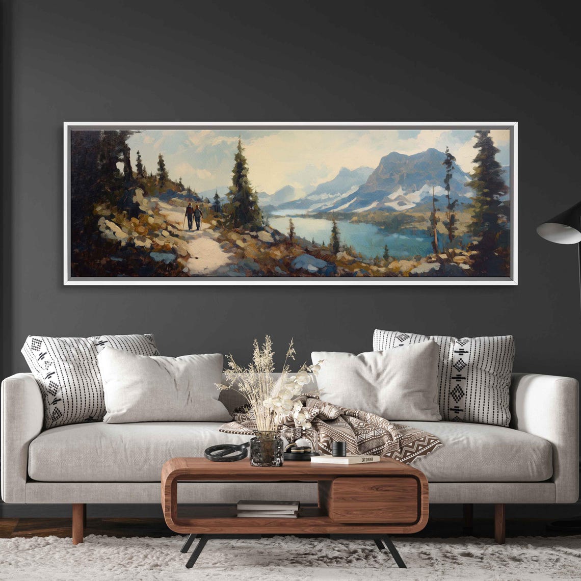 Campers Navigating Rocky Trail Wall Art Print Stunning Lake View Nature Adventure - Image 3