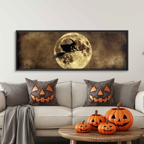 Witch Flying Broomstick Full Moon Vintage Silhouette Panoramic Poster