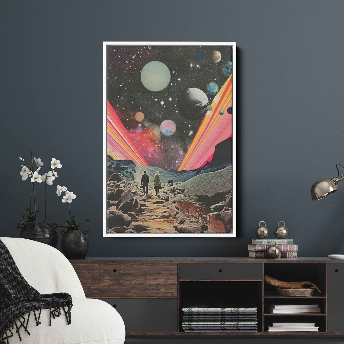 Surreal Space Collage Planets Rainbow Beams Rocky Path Retro Art Print