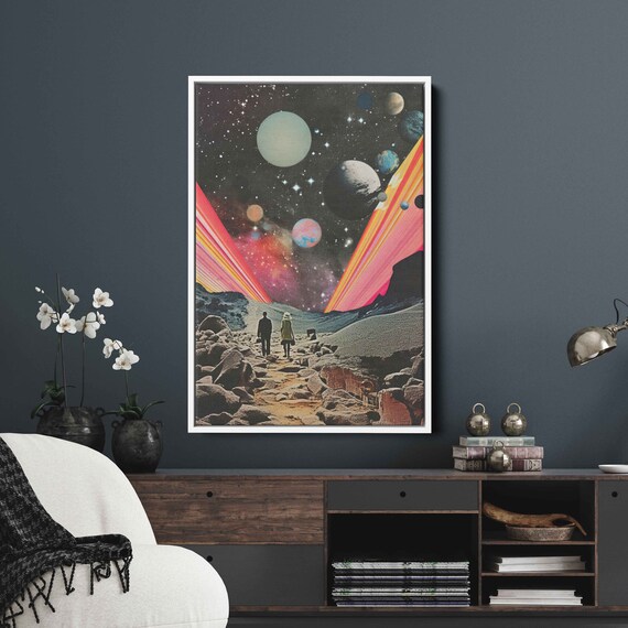 Surreal Space Collage Planets Rainbow Beams Rocky Path Retro Art Print