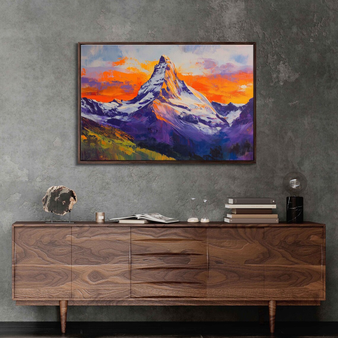Matterhorn Sunset Wall Art Print Vivid Acrylic Painting Colorful Mountain Scene