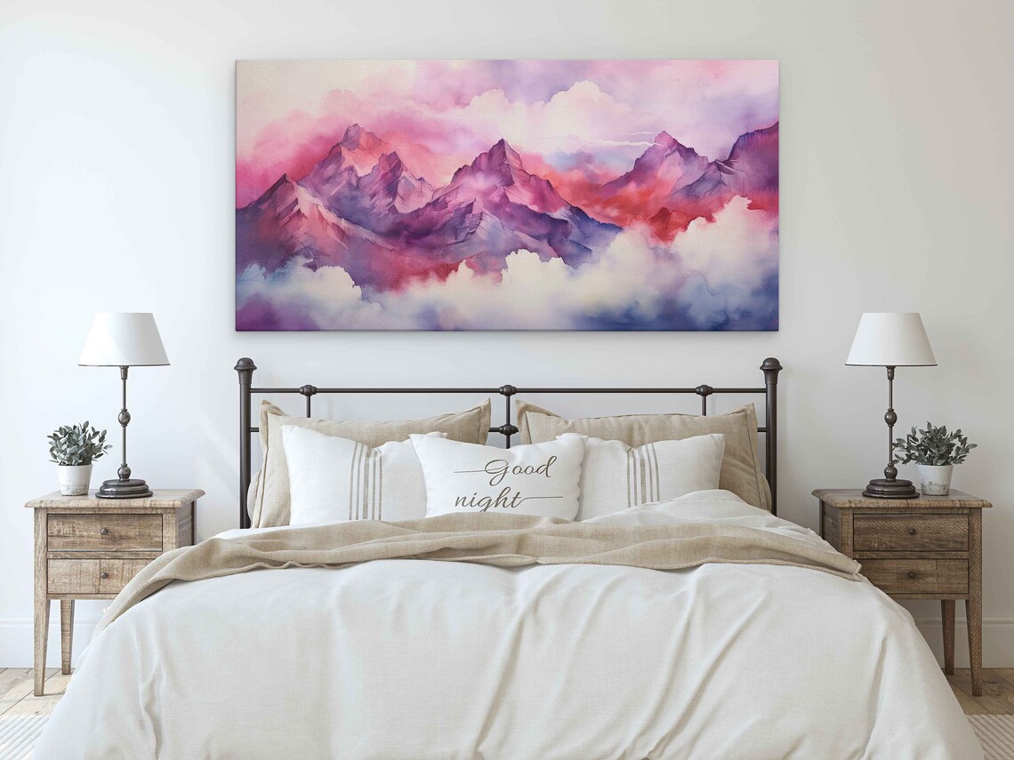 Pink Purple Mountains Above Clouds Watercolor Landscape Art Poster - Image 2