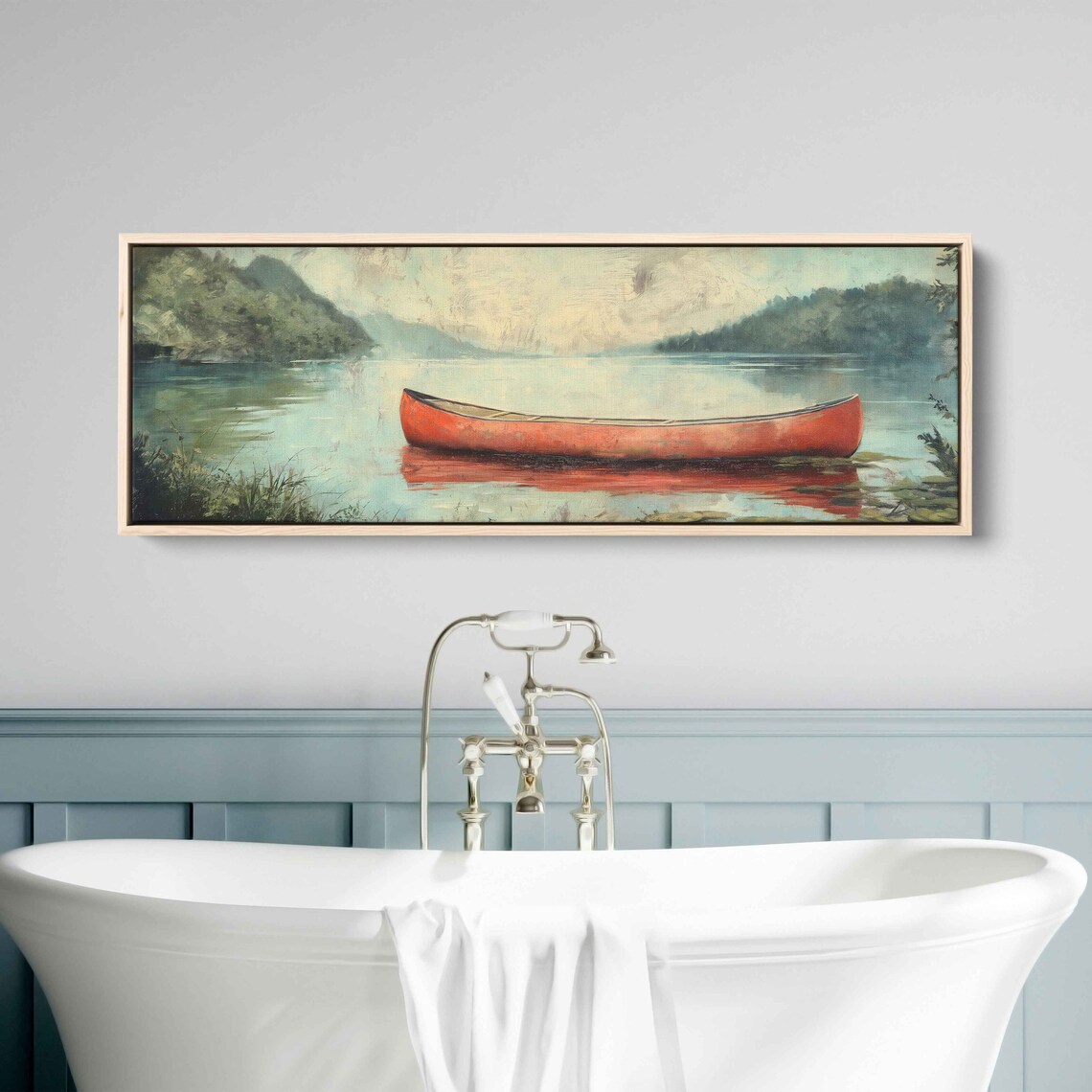 Vintage Wooden Canoe in Lake, Oil Wall Art Print - Image 3