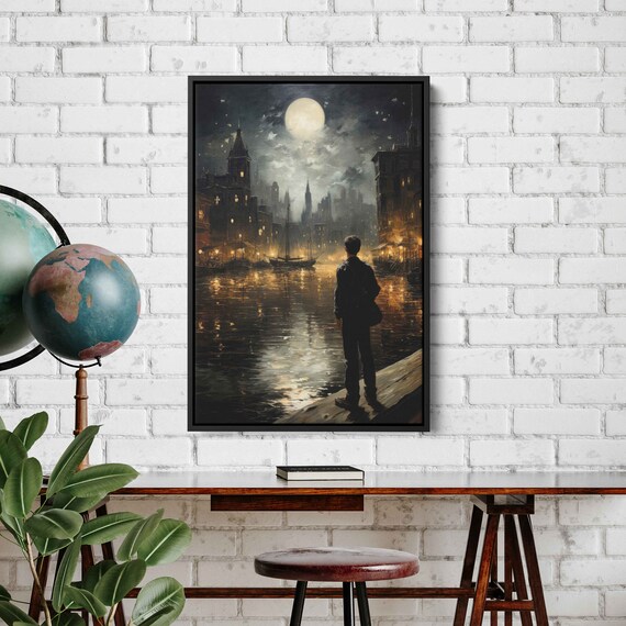 Moonlit Old Harbor City Night Sailboats Lonely Traveler Travel Poster