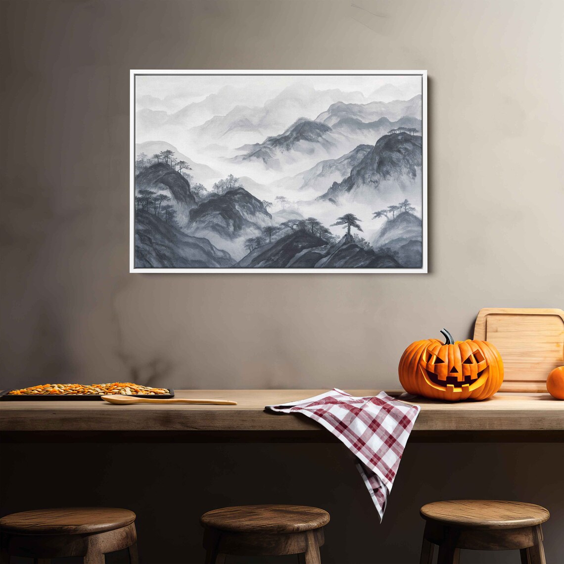 Foggy Mountain Landscape With Trees Painting Framed Print Ready To Hang - Image 2