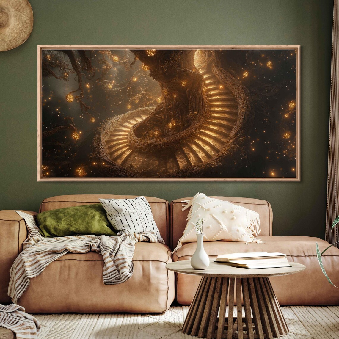 Mystical Spiral Staircase In A Tree Wall Art Print Fantasy Artwork Golden Lanterns Starry Skies