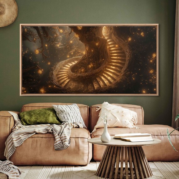 Mystical Spiral Staircase In A Tree Wall Art Print Fantasy Artwork Golden Lanterns Starry Skies