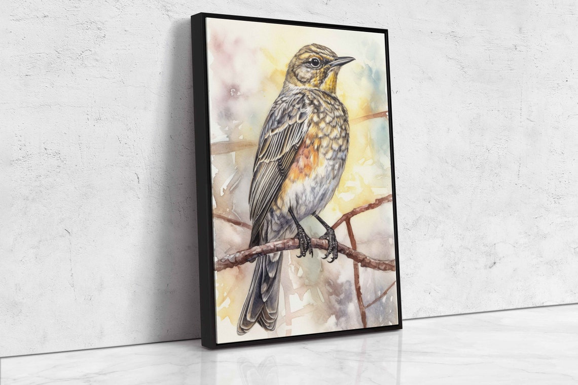 Songbird On Branch Watercolor Painting Soft Yellow Tones Art Poster - Image 4