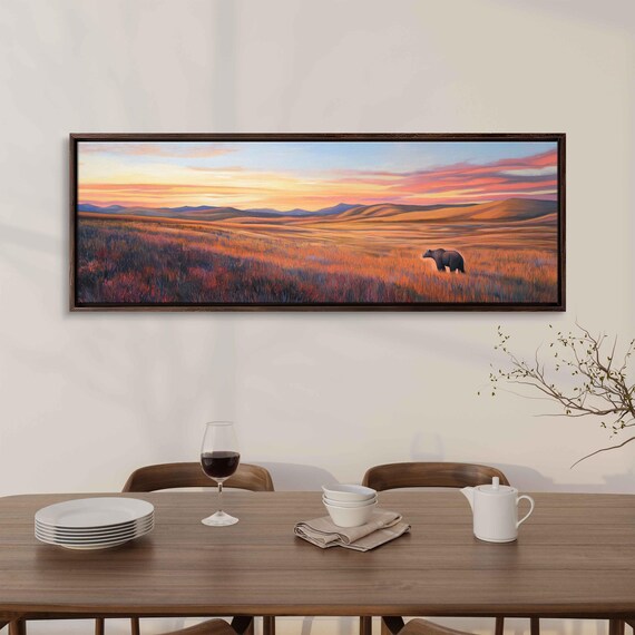Grizzly Bear Strolling Tundra Grassland at Vivid Sunset Oil Painting Poster