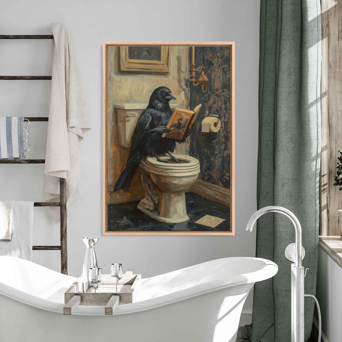 Black Crow on Toilet Reading Book, Whimsical Art Print