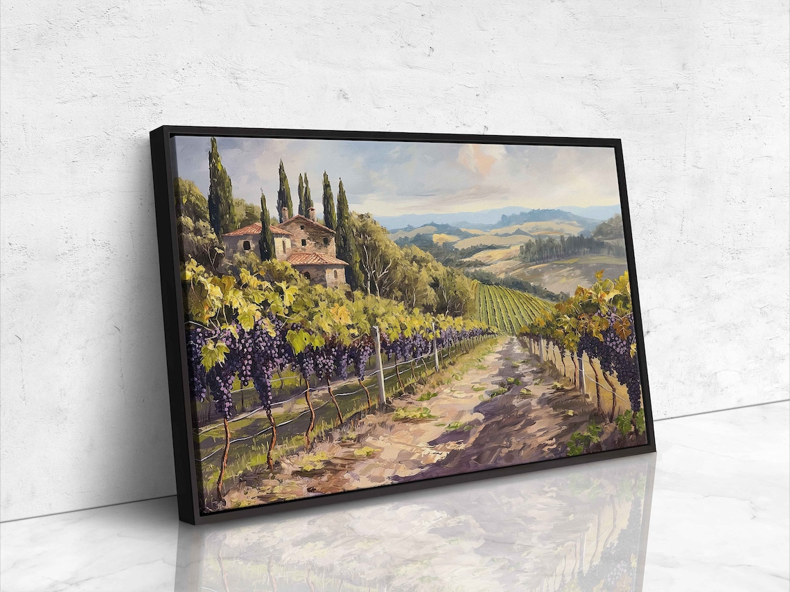 Tuscan Vineyard Painting With Purple Grapes And Stone Villa Poster - Image 4