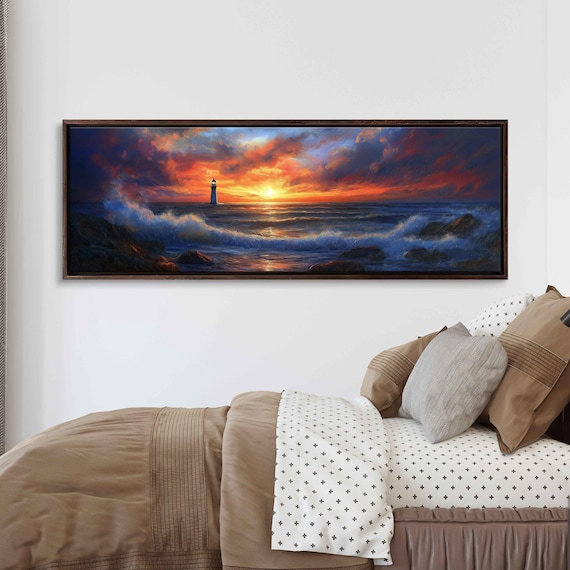 Lighthouse Sunset Ocean Horizon Fiery Sky Waves Rocky Shore Hopeful Poster