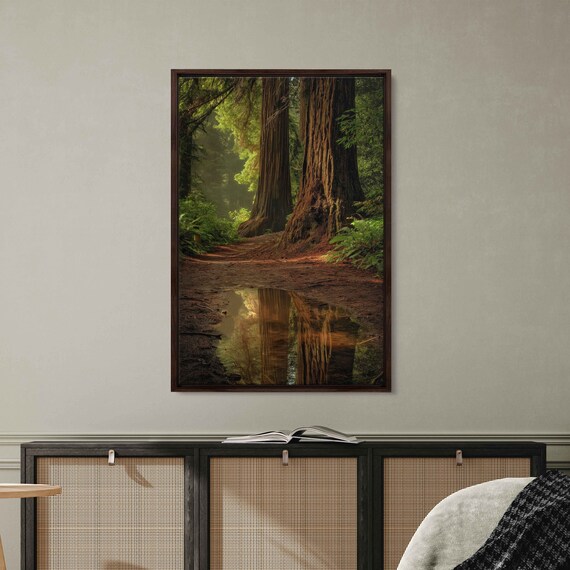 Acrylic Redwood Forest Wall Art Print Gift For Nature Lover Towering Trees Serene Outdoors Water Reflection Ready To Hang