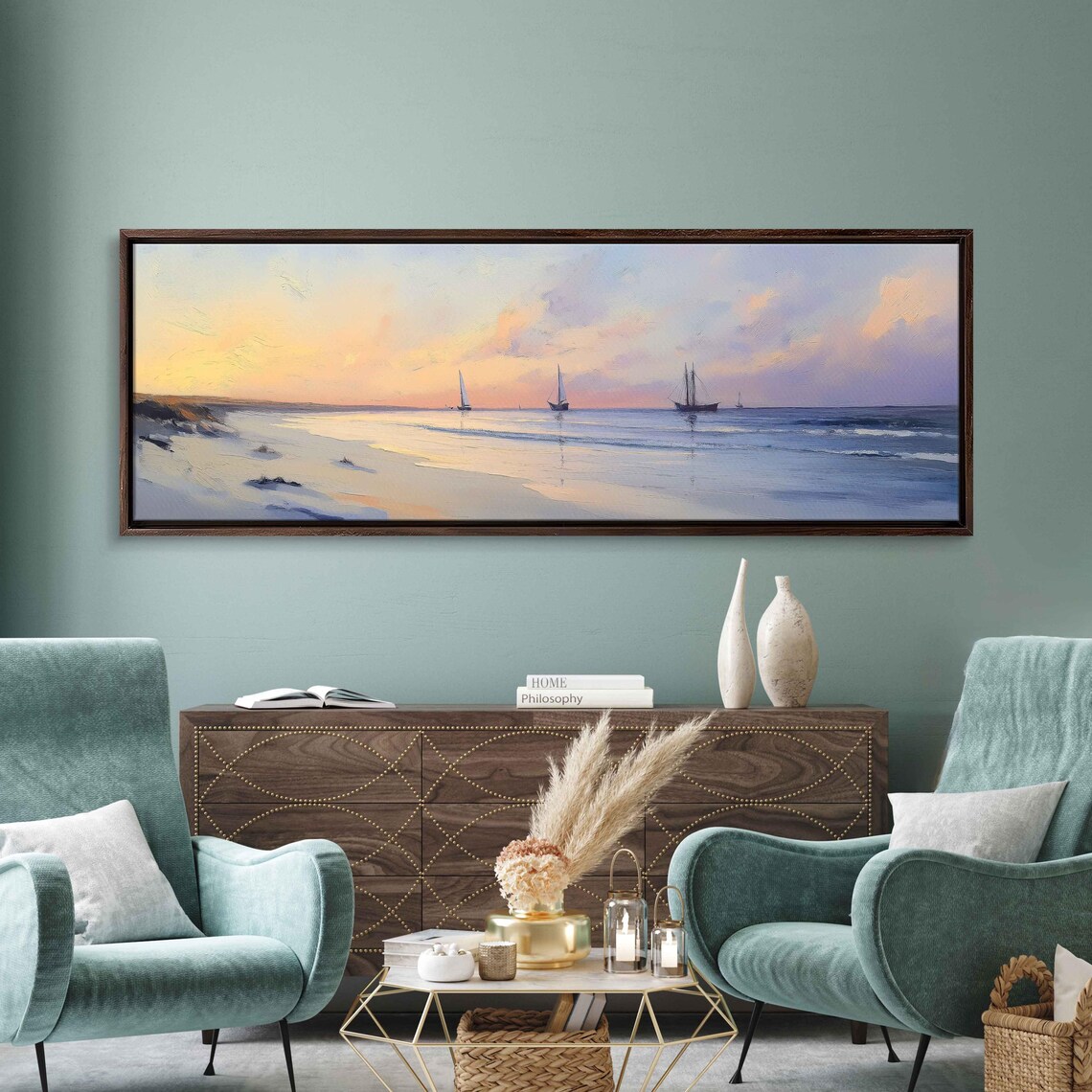 Vintage Beach Sunset Sailboats Pastel Sky Serene Ocean Horizon Poster