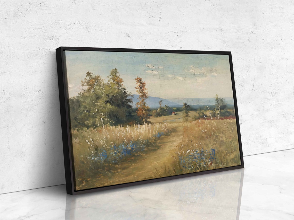 Vintage Landscape Painting Lush Greenery Cloudy Blue Sky Wall Art Print Ready To Hang - Image 4