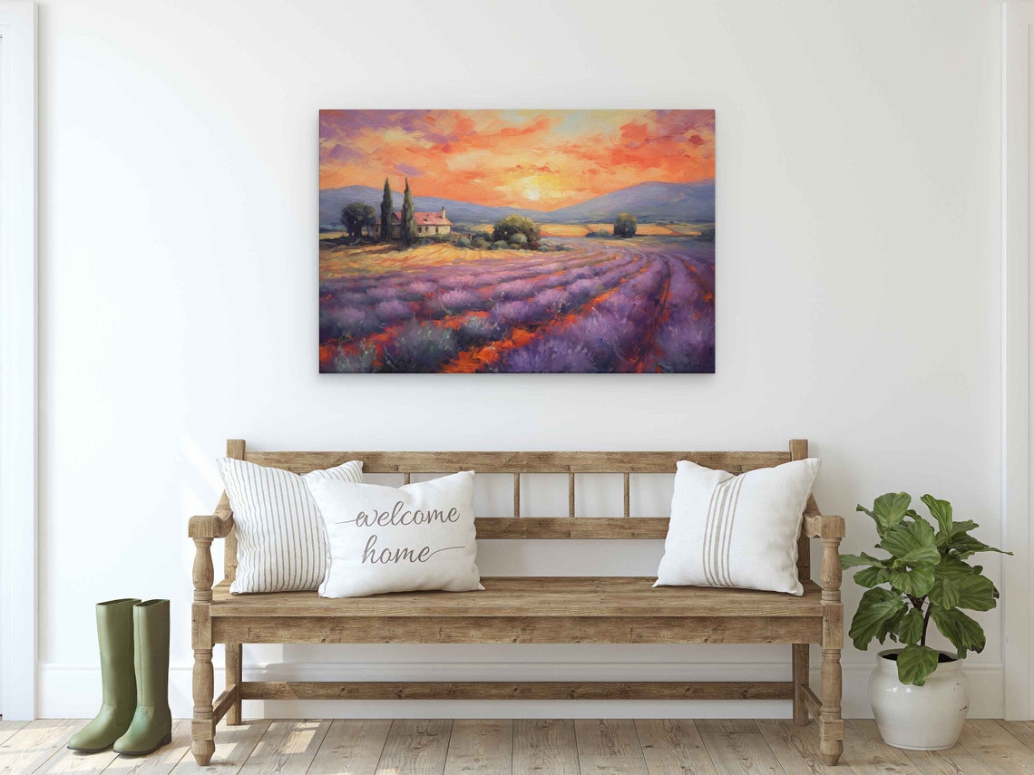 Lavender Field Sunset Farmhouse Impressionist Purple Rows Art Poster - Image 2