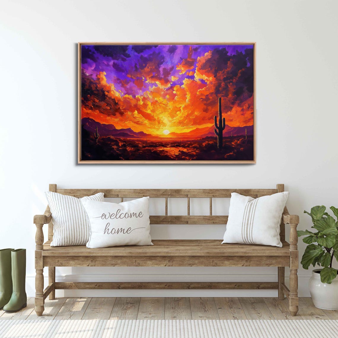 Saguaro Cactus Silhouette Fiery Desert Sunset Mountain View Poster