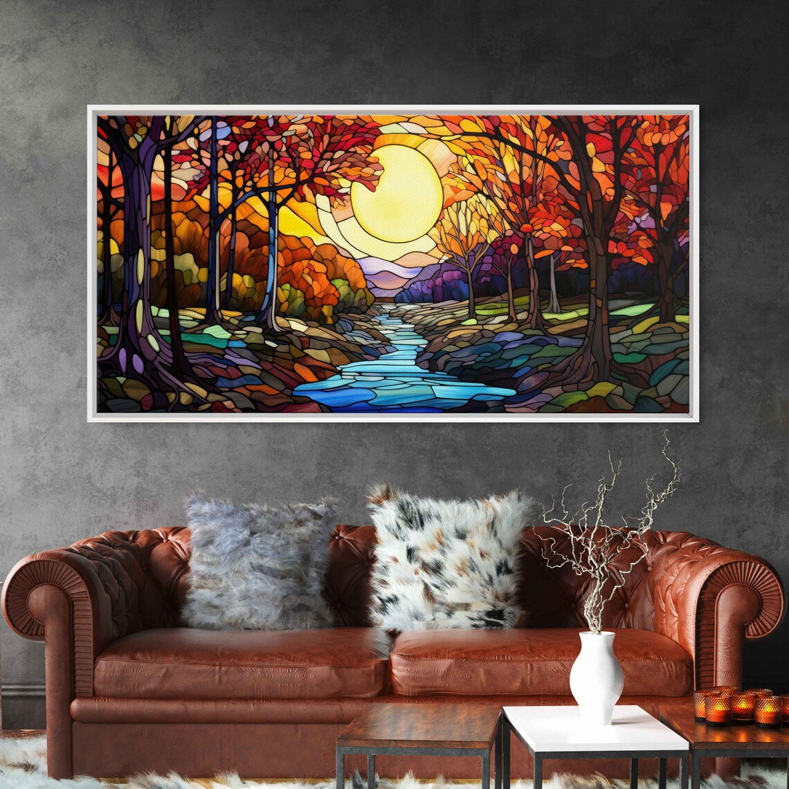 Mosaic Sunlit Forest Stream Wall Art Print Beautiful Vibrant Colors Mountain Range Ready To Hang