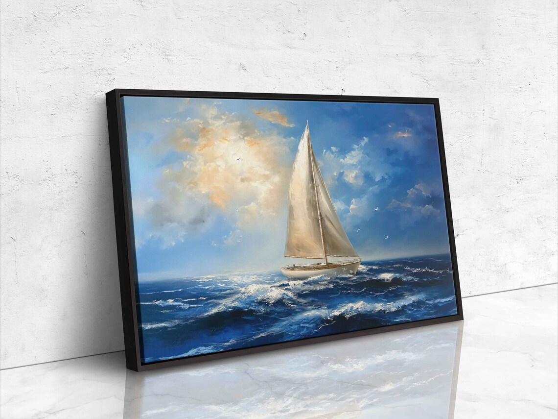 Sailboat Riding Choppy Blue Waves Golden Clouds Seascape Painting Poster - Image 4