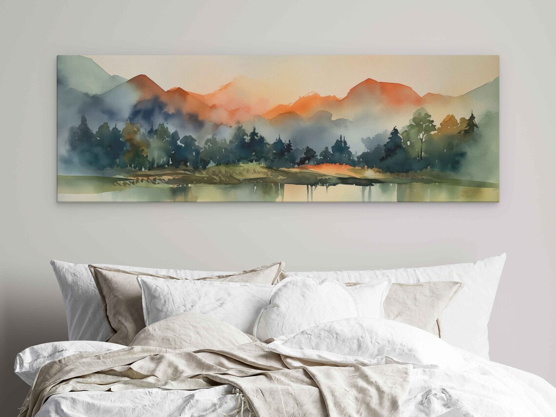 Watercolor Landscape, Forest Mountains and Lake Art Print