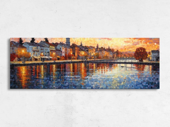 Small Quiet Town On A River Pointillist Painting Wall Art Framed Print Ready To Hang Panoramic Wall Art