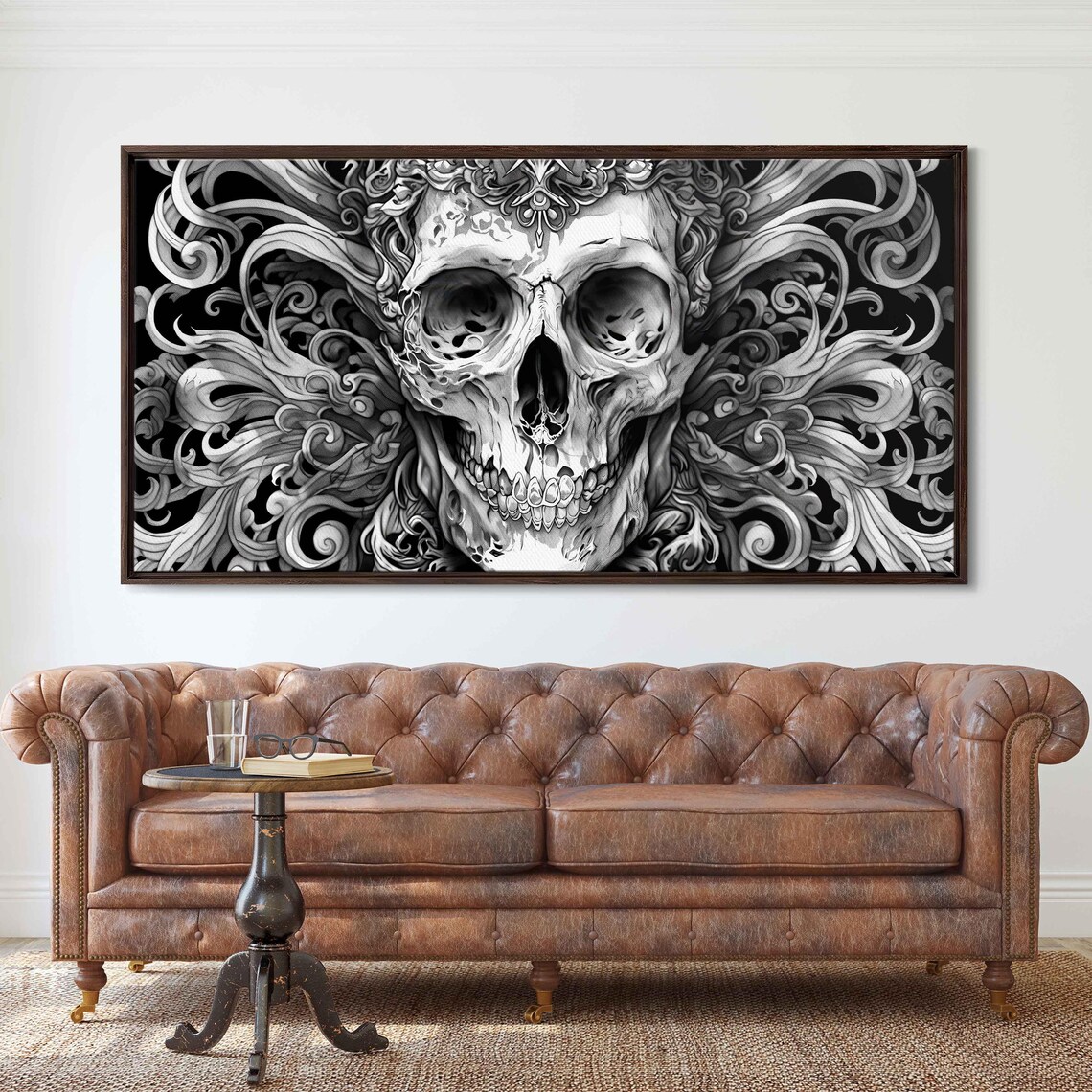 Gothic Skull Baroque Swirling Filigree Monochrome Ink Halloween Wall Poster